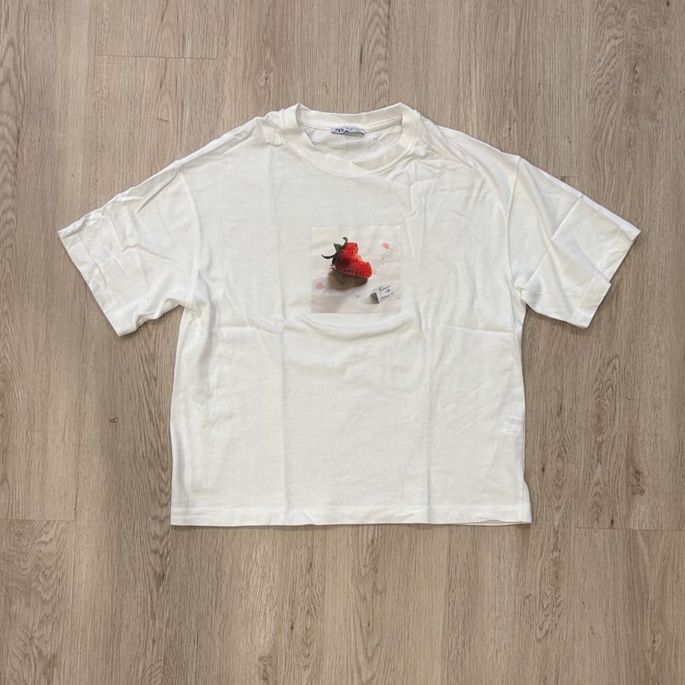 Zara Strawberry Graphic Print Short Sleeve T-Shirt White